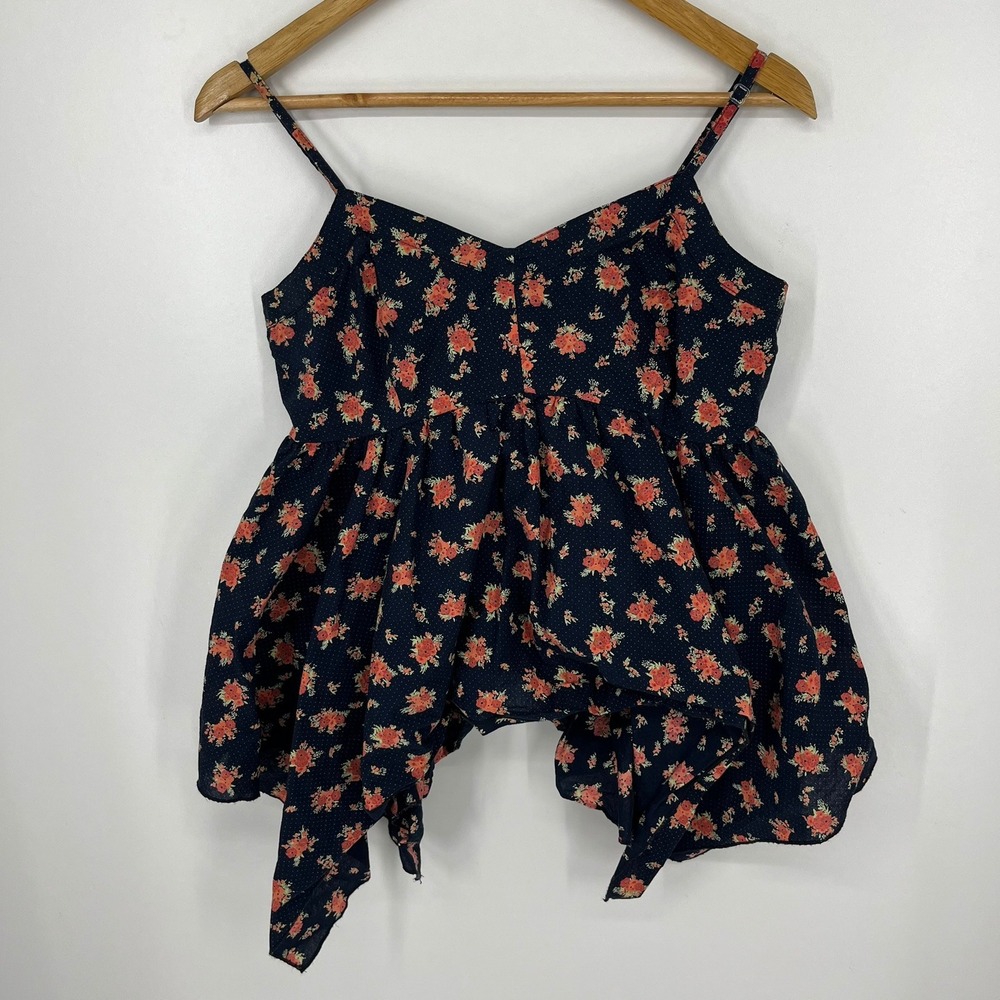 Mudd Womens Large Navy Blue Floral Polka Dot Smocked Back Babydoll Cami Top